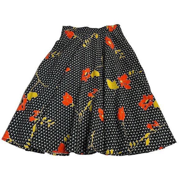 Modcloth Skirt Womens S Black Chiffon Orange Floral Geometric Swing Midi Retro - Picture 1 of 8